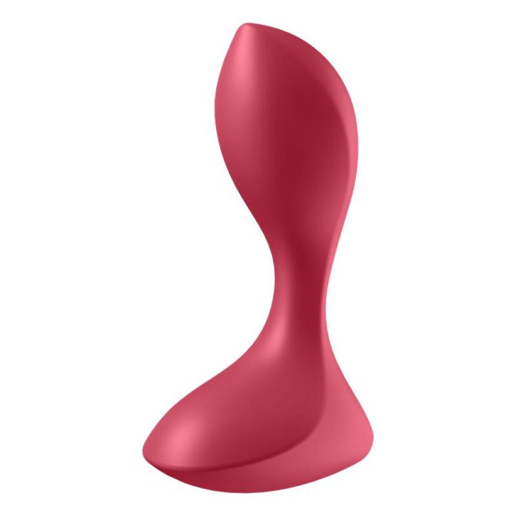 Rode anale vibrator in een gebogen vorm, van de zijkant gezien met nadruk op de ergonomische curve.