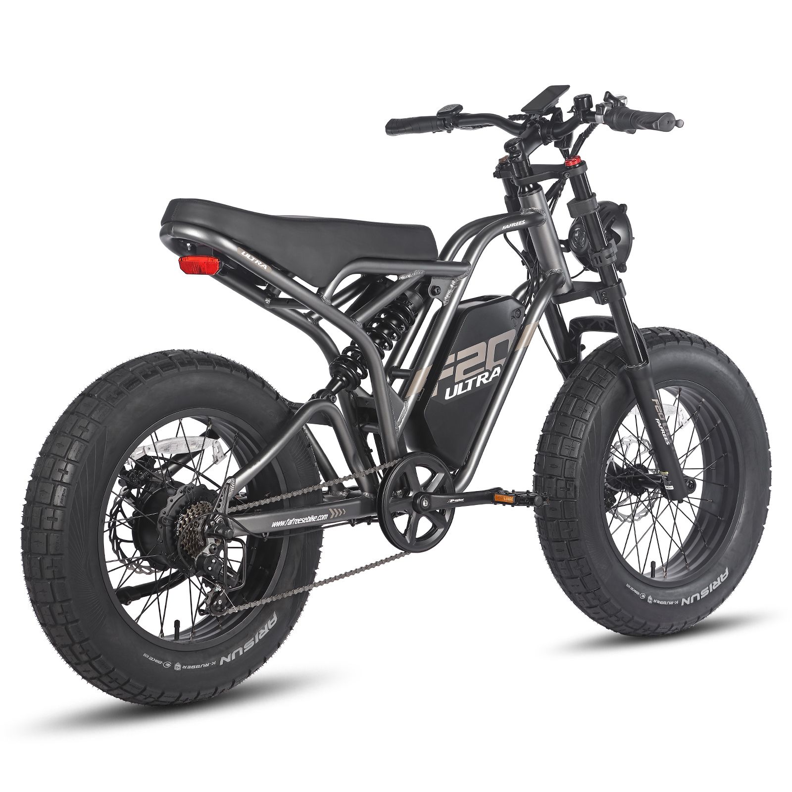 Grijze e-dirtbike met zwarte banden. Zichtbaar: zadel, motor, koplamp, F20 Ultra-logo.