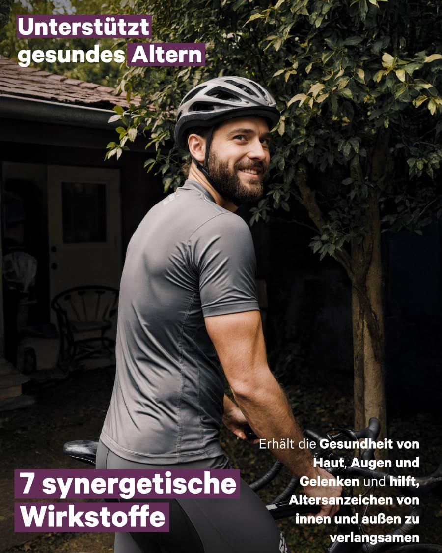 Homme avec casque à vélo, texte sur le vieillissement sain et les ingrédients actifs.
