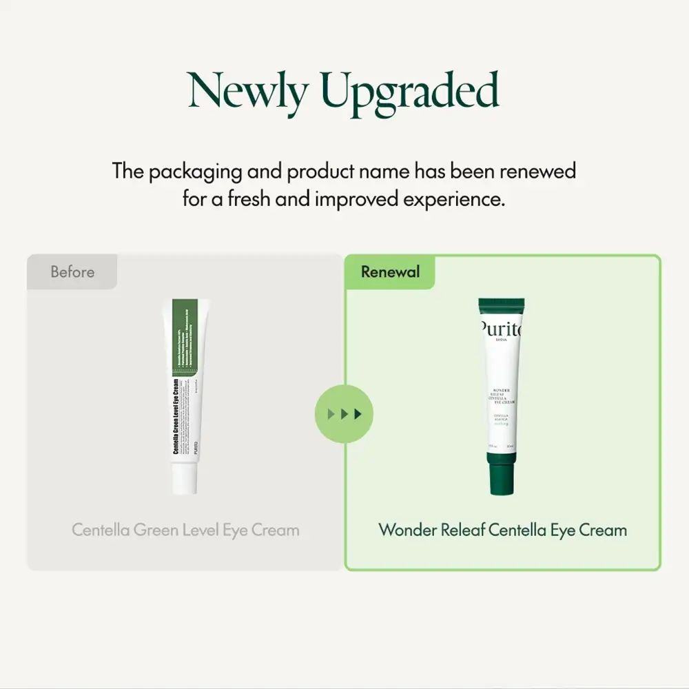 Vergelijking van twee tubes oogcrème. Links: Centella Green Level Eye Cream. Rechts: Wonder Releaf Centella.