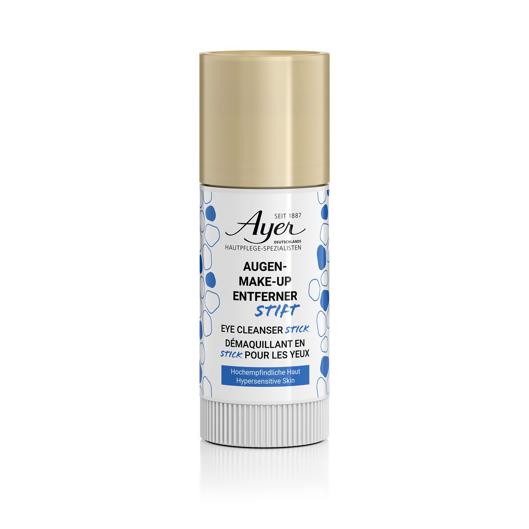 Ayer Eye Cleanser Stick. Witte stick met gouden dop. Opschrift: Augen-Make-up Entferner Stift.