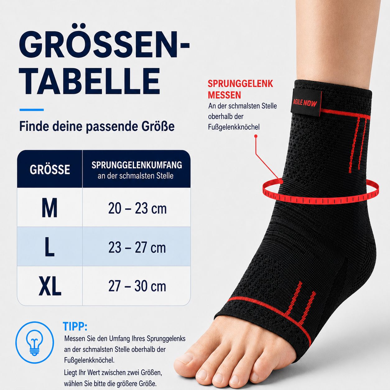 Maattabel voor enkelbraces met maten M, L, XL en meetinstructies.