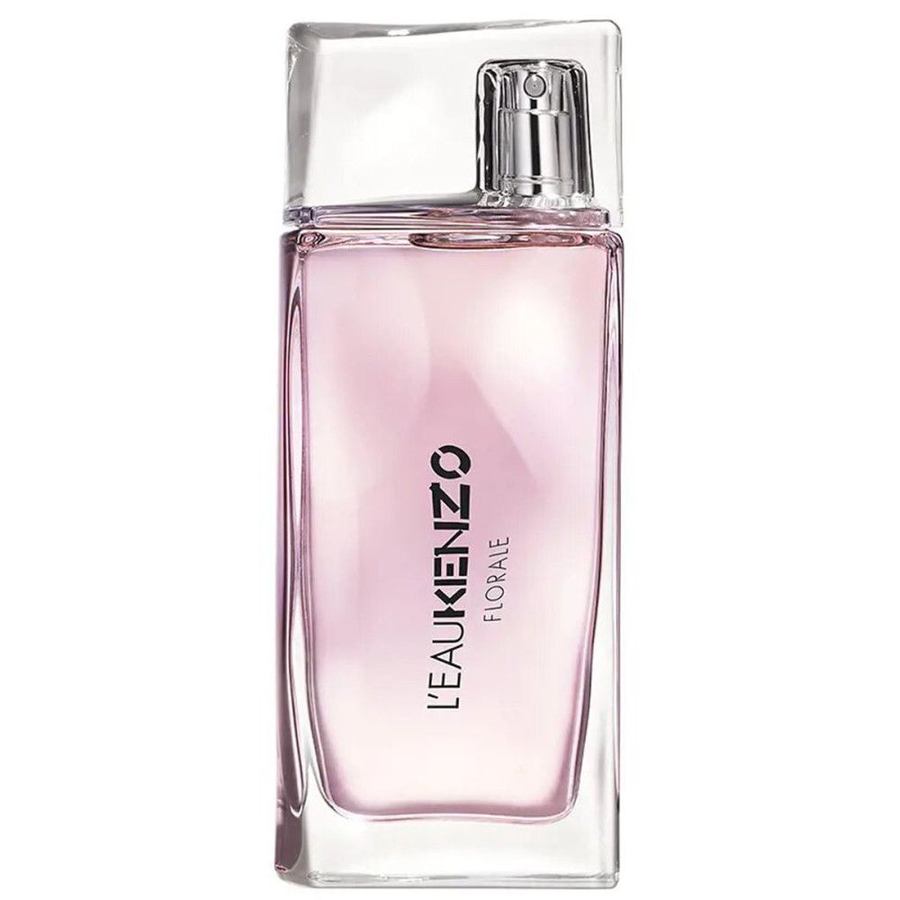 Rechthoekige fles met roze vloeistof. Transparante dop en zilveren verstuiver. Zwarte tekst: L'EAU KENZO FLORALE.