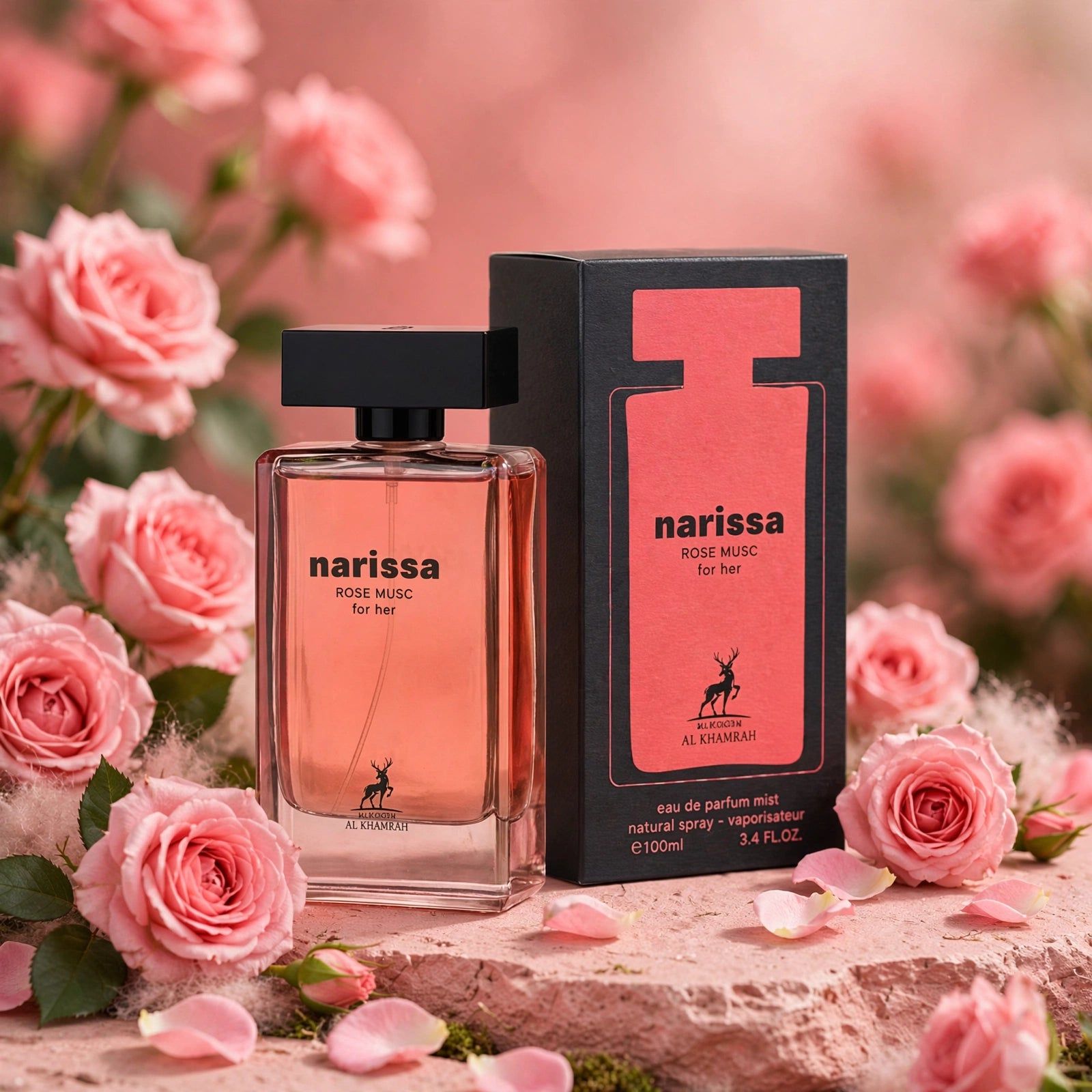 Coffret de parfum avec quatre flacons argentés et une bouteille en verre avec figurine de cheval.