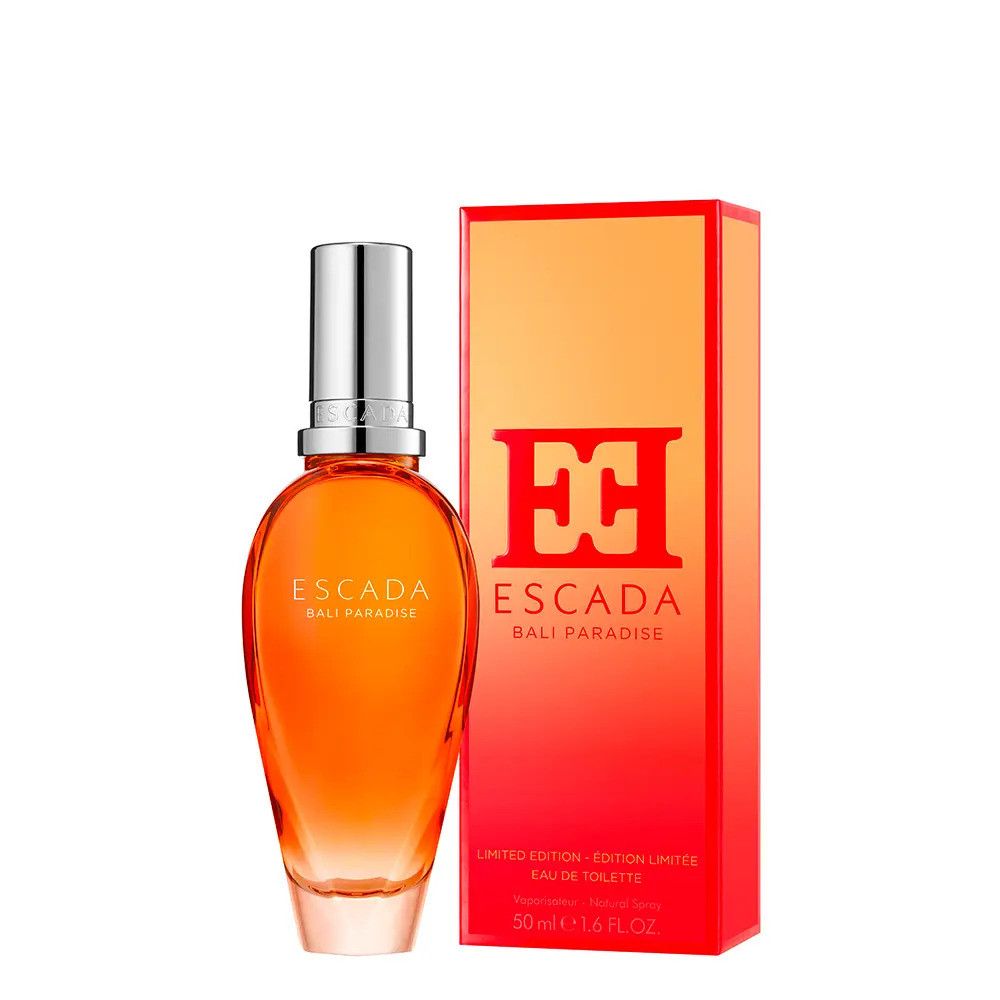 Escada Bali Paradise Eau de Toilette Spray. Flacon et emballage. Parfum orangé. Édition limitée.