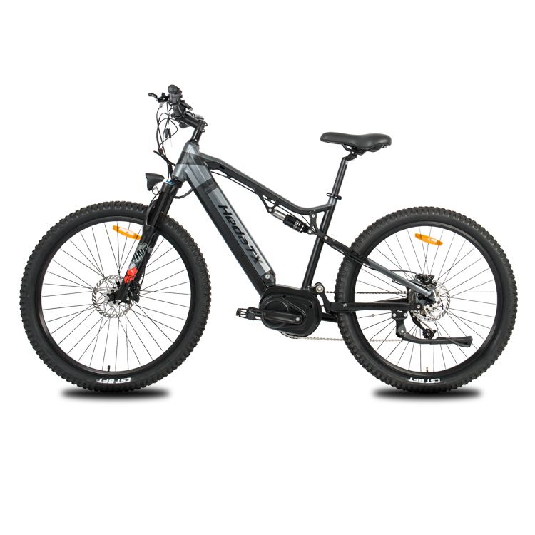 Elektrische mountainbike HedaTX TX11, zwart, middenmotor, 48V 15Ah accu. Zwarte banden, zadel en stuur.