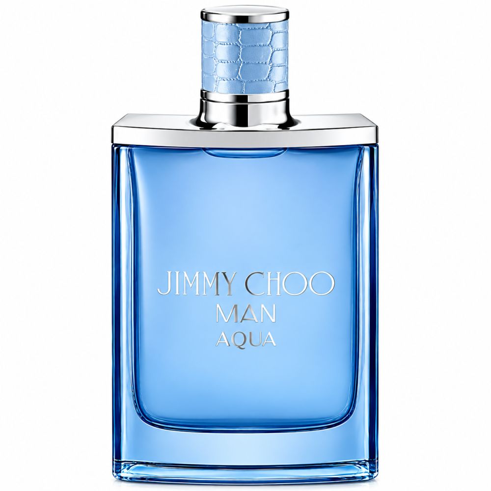 Flacon Jimmy Choo Man Aqua Eau de Toilette bleu clair avec bouchon argenté.