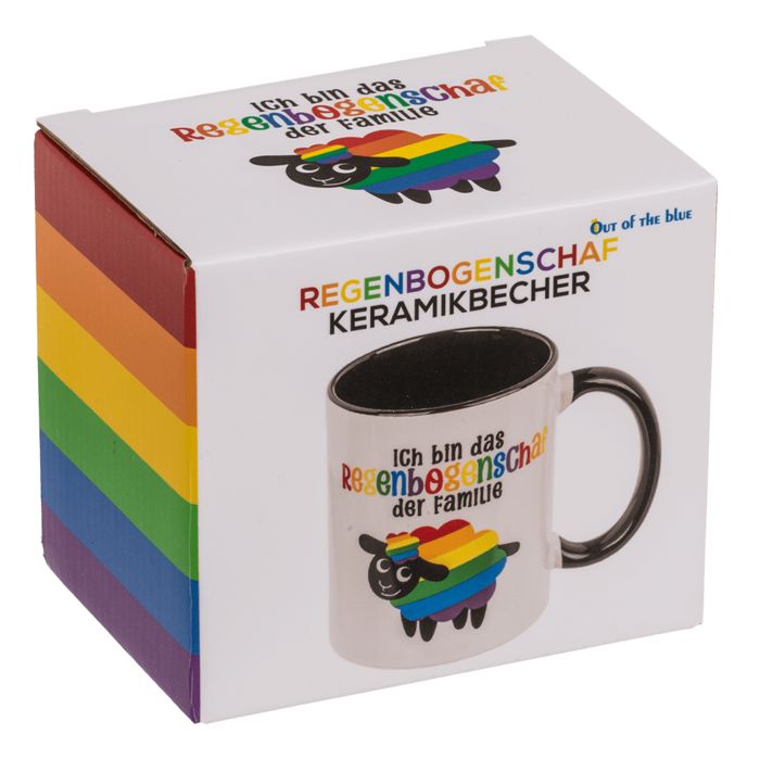 Keramische beker met regenboog schapenmotief en tekst. Verpakt in een doos met hetzelfde ontwerp. Zwarte handgreep en binnenkant.