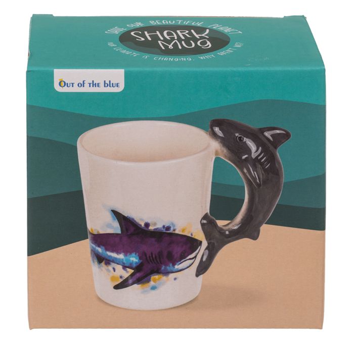 Beker OOTB Squalo. Witte beker met haai-handvat en haai-decor. Verpakking met logo.