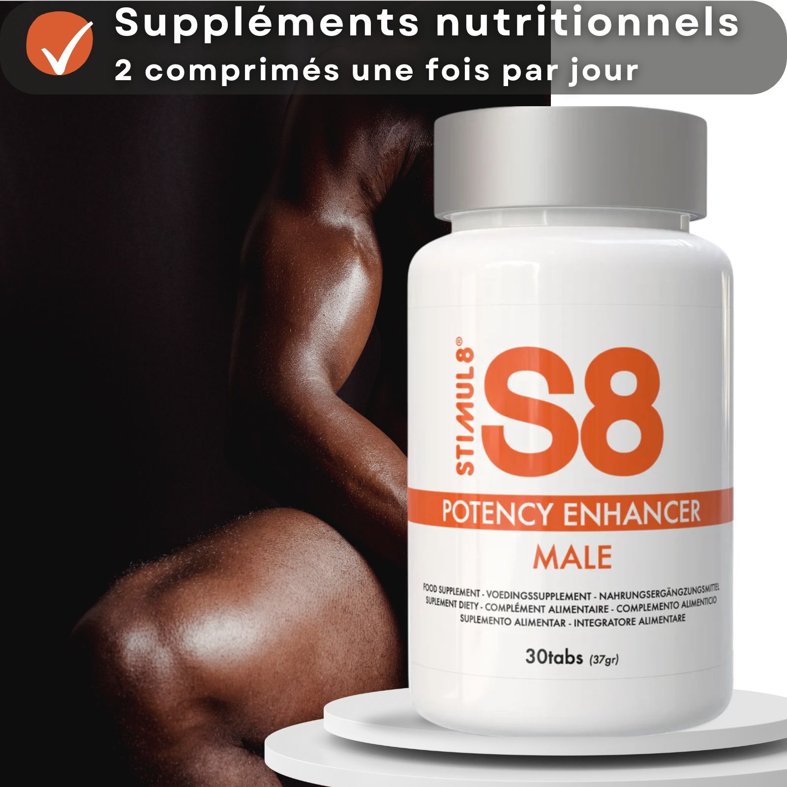 Flacon S8 Potency Enhancer Male. Texte: Suppléments nutritionnels, 2 comprimés une fois par jour. Fond: Homme.