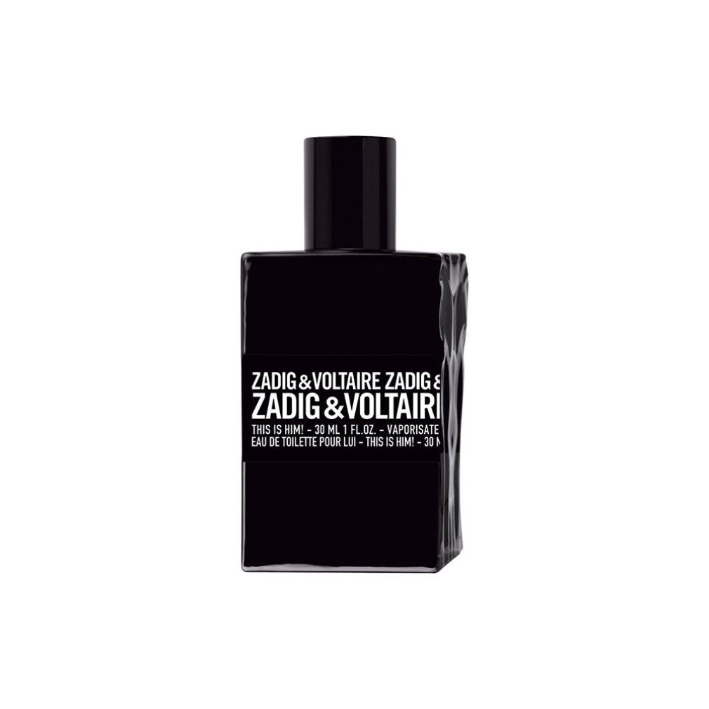 Zwarte fles. Opschrift: ZADIG & VOLTAIRE THIS IS HIM! Eau de Toilette. 30 ml.