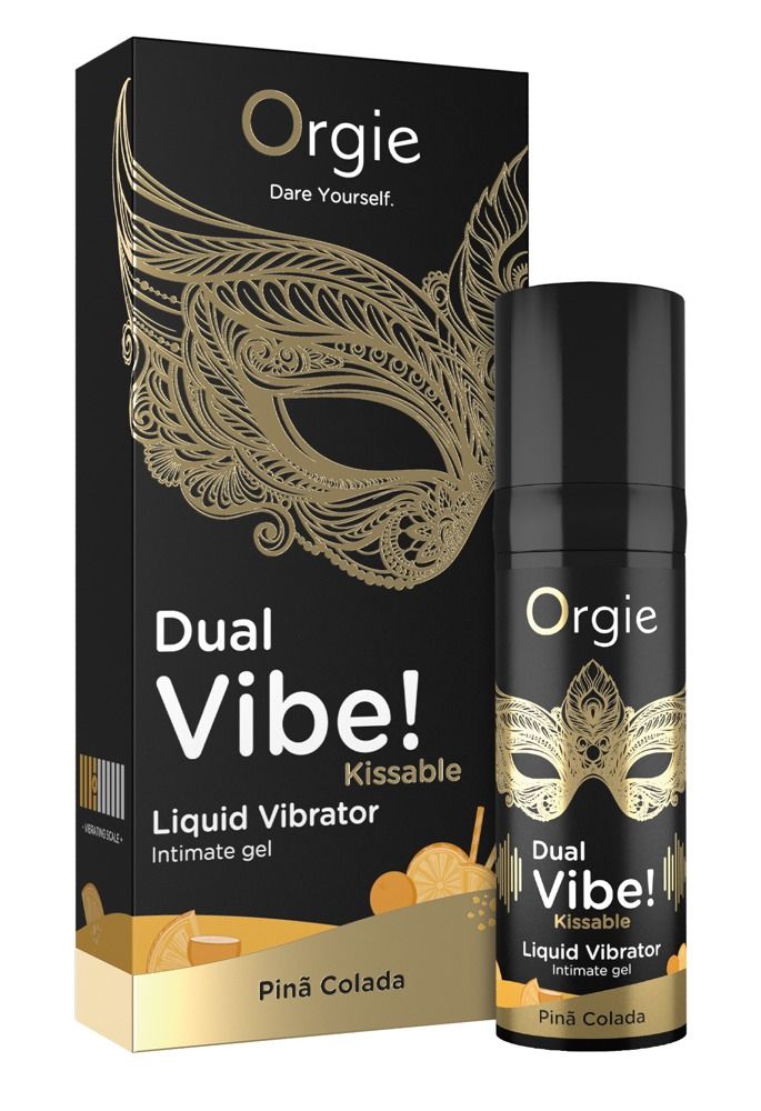 Zwarte verpakking met gouden masker en fles. "Dual Vibe! Kissable Liquid Vibrator" en "Pinã Colada" zijn zichtbaar.