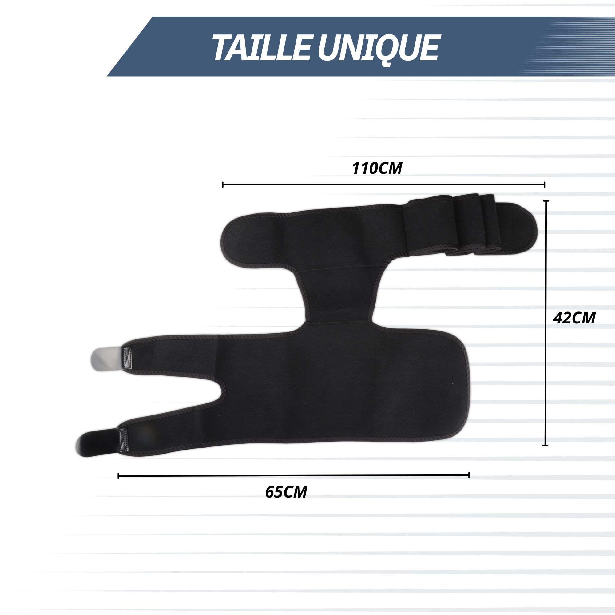 Genouillère noire avec fermeture velcro, portée autour de la cuisse et de la hanche.