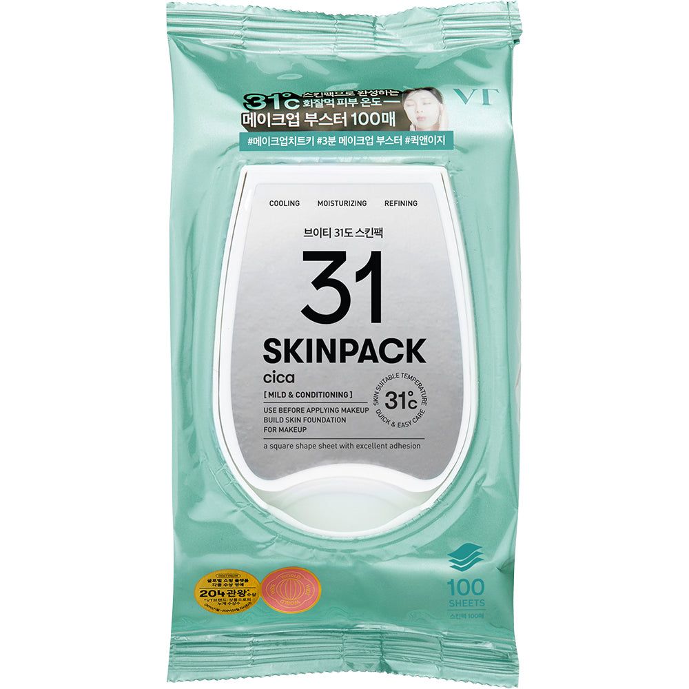 Verpakking van 100 VT Cosmetics Cica Skin Pack doekjes.