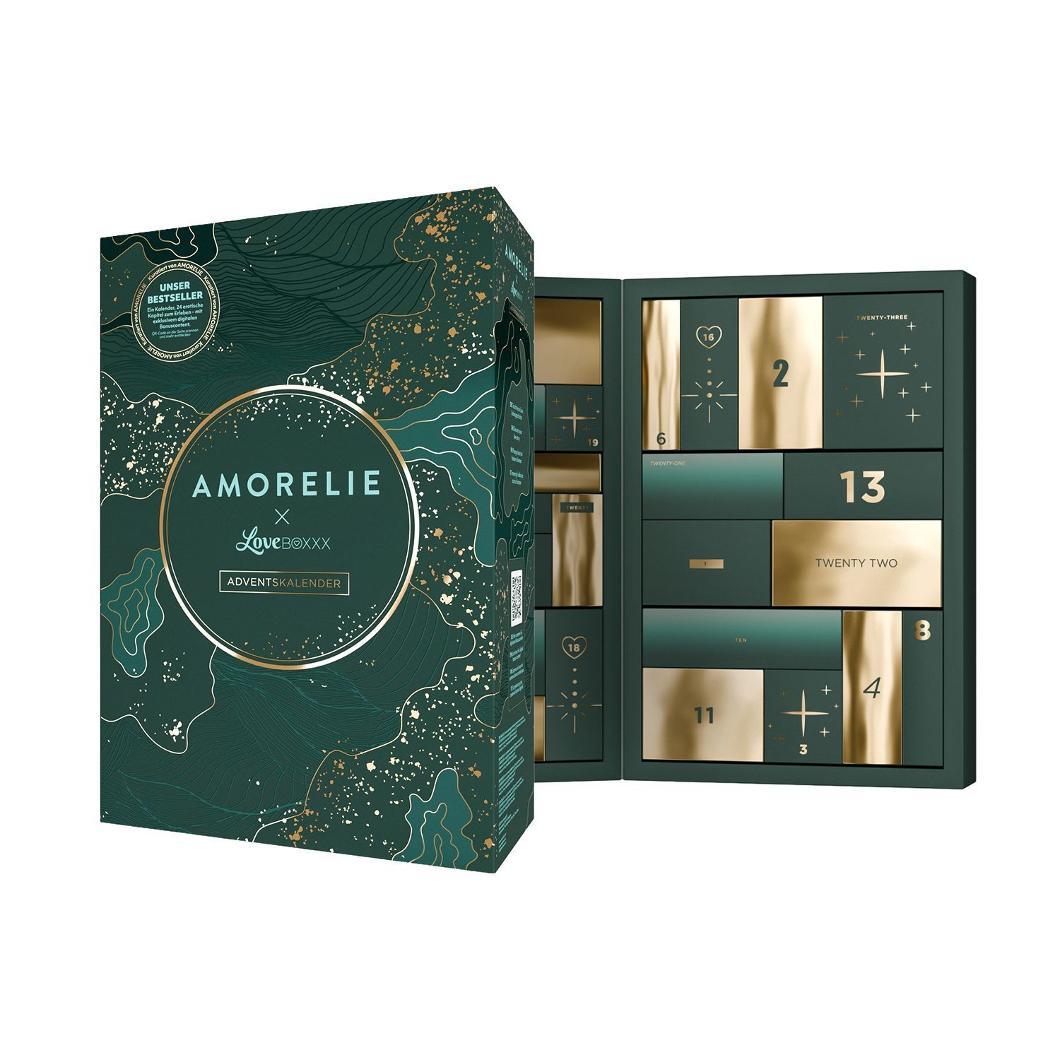 Adventskalender met 24 deurtjes, donkergroen met gouden versieringen. Open om de vakjes te tonen.