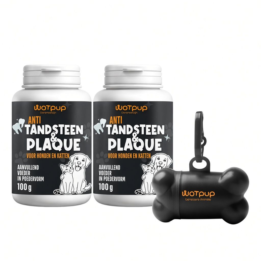 Twee potten Wotpup Anti Tandsteen & Plaque poeder voor honden en katten, 100g per stuk. Zwarte botvormige poepzakjesdispenser met karabijnhaak.