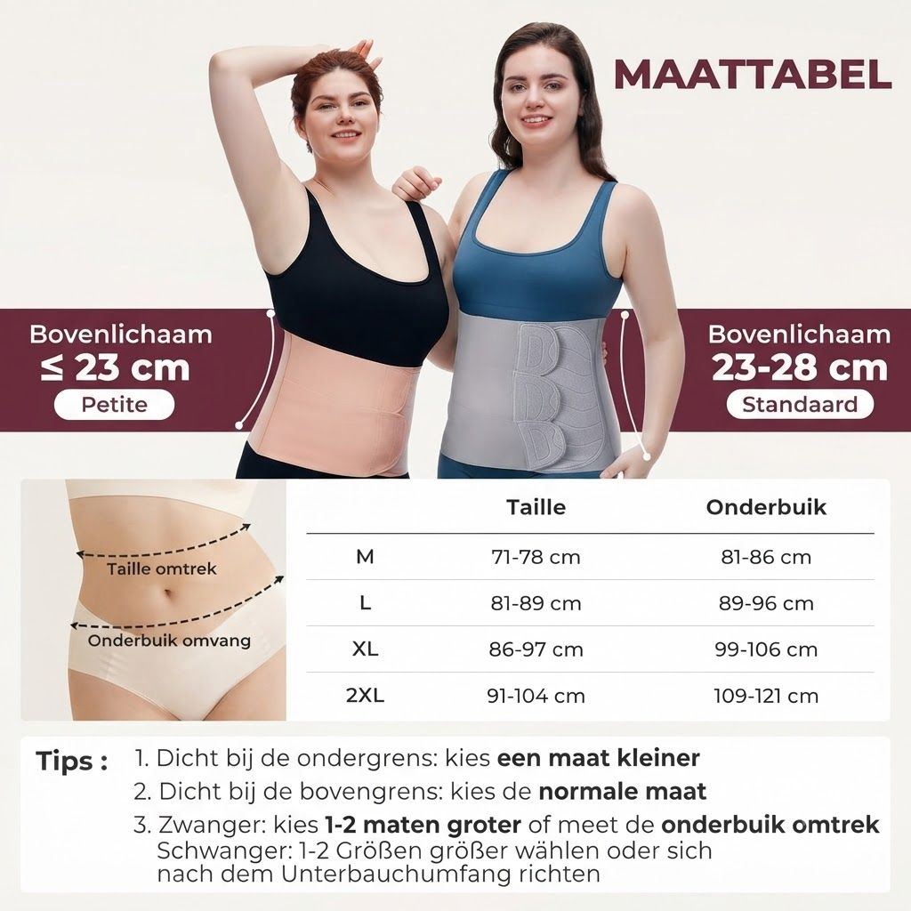 Twee vrouwen, de ene draagt een zwarte buikband, de andere een grijze. Maattabel onderaan.