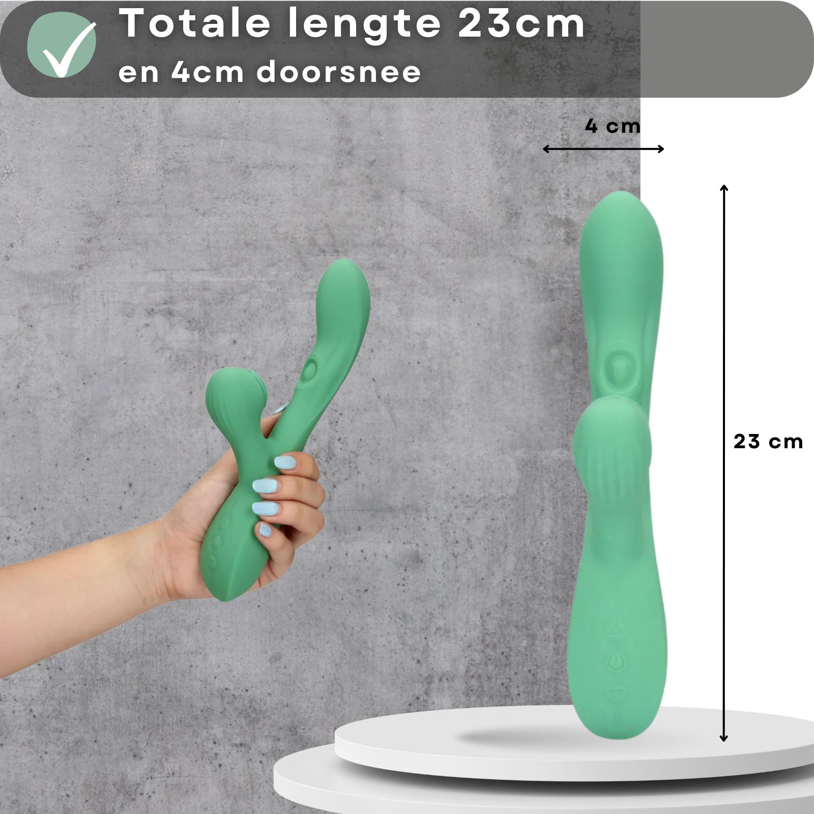 Groene vibrator. Afmetingen: 23cm lang, 4cm diameter.