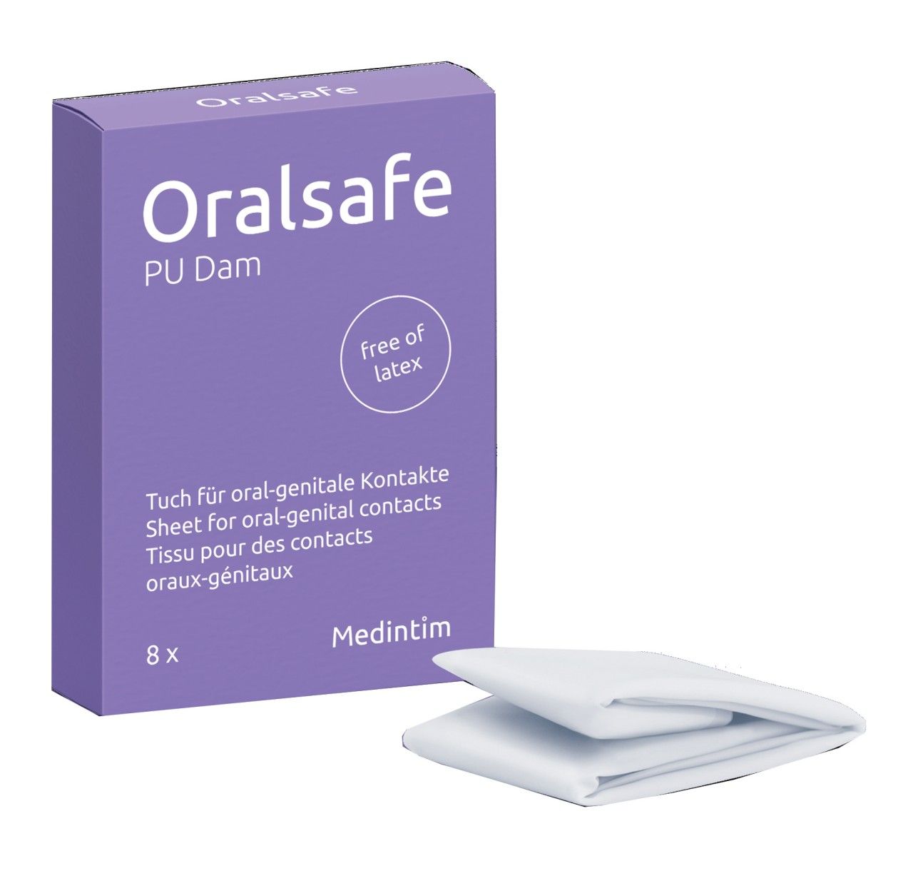 Boîte Medintim OralSafe PU Dam avec 8 unités et un tissu plié, sans latex.