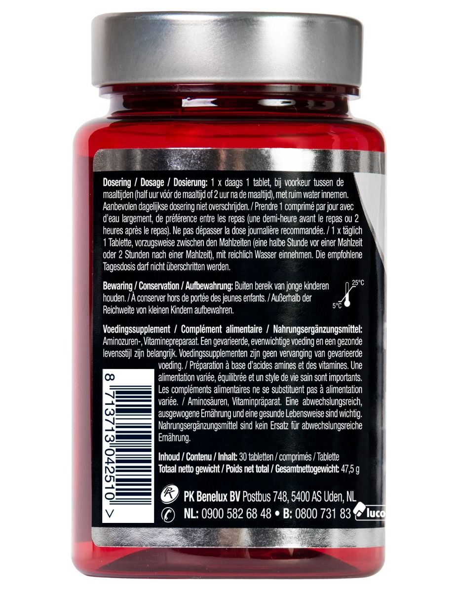 Achterkant van een fles L-Lysine tabletten. Bevat informatie over dosering, ingrediënten en waarschuwingen. Meertalige tekst.