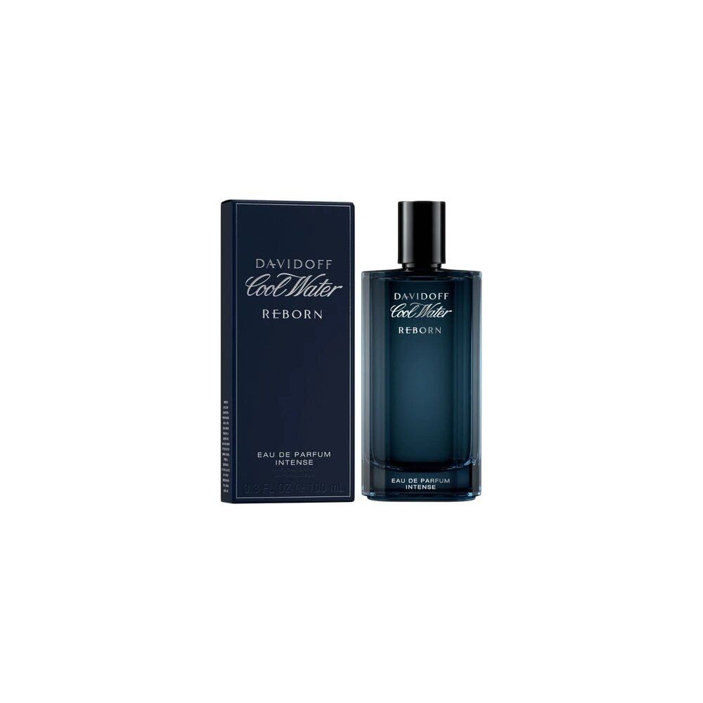 Davidoff Cool Water Reborn Intense Eau de Parfum et boîte. Flacon et boîte bleus.