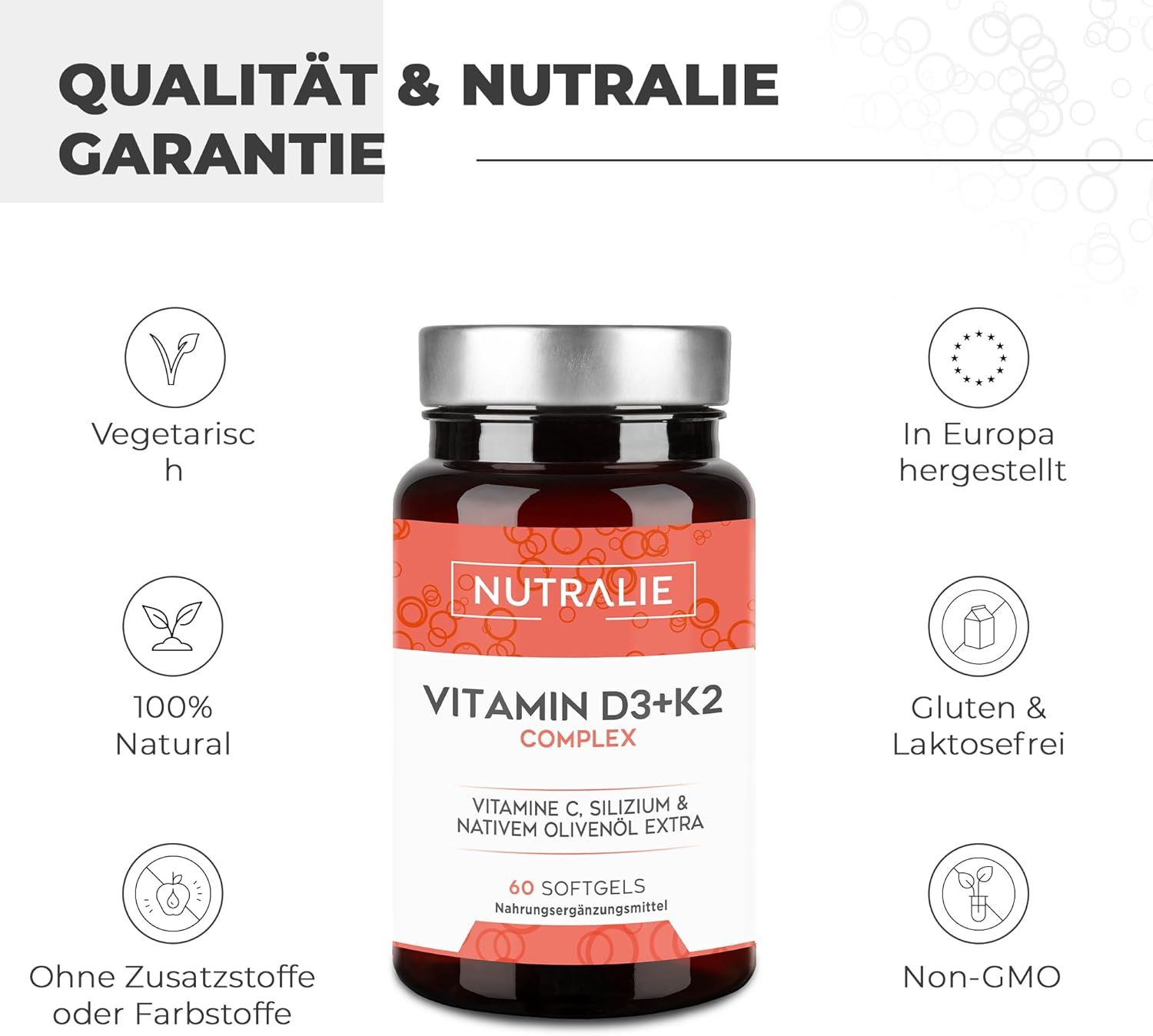 Bouteille Nutralie Vitamine D3+K2 Complex avec caractéristiques qualité 'Végétarien' et 'Sans Gluten'.