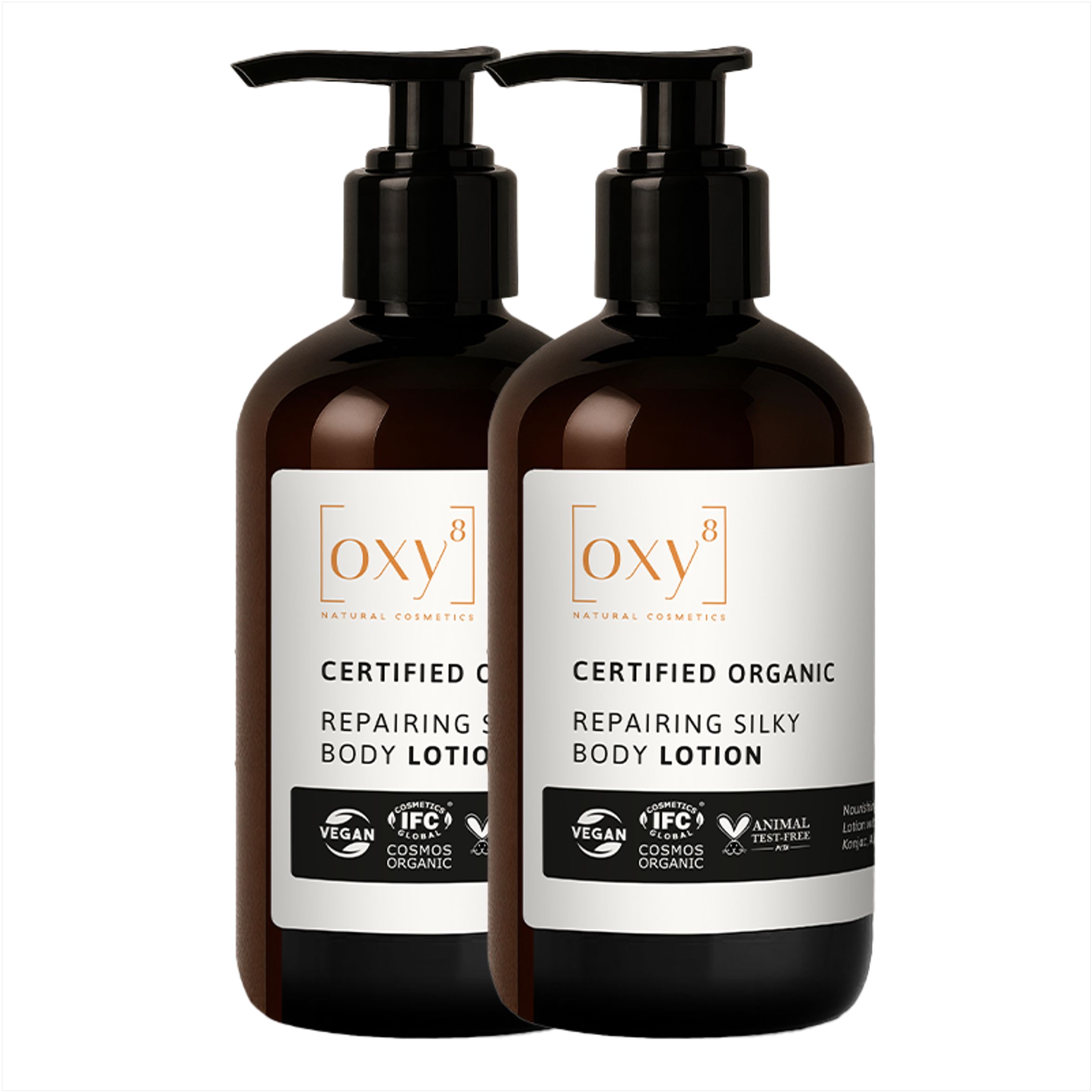 Deux flacons de Repairing Silky Body Lotion. Flacons bruns avec pompe noire. Inscription : Certified Organic, Vegan.