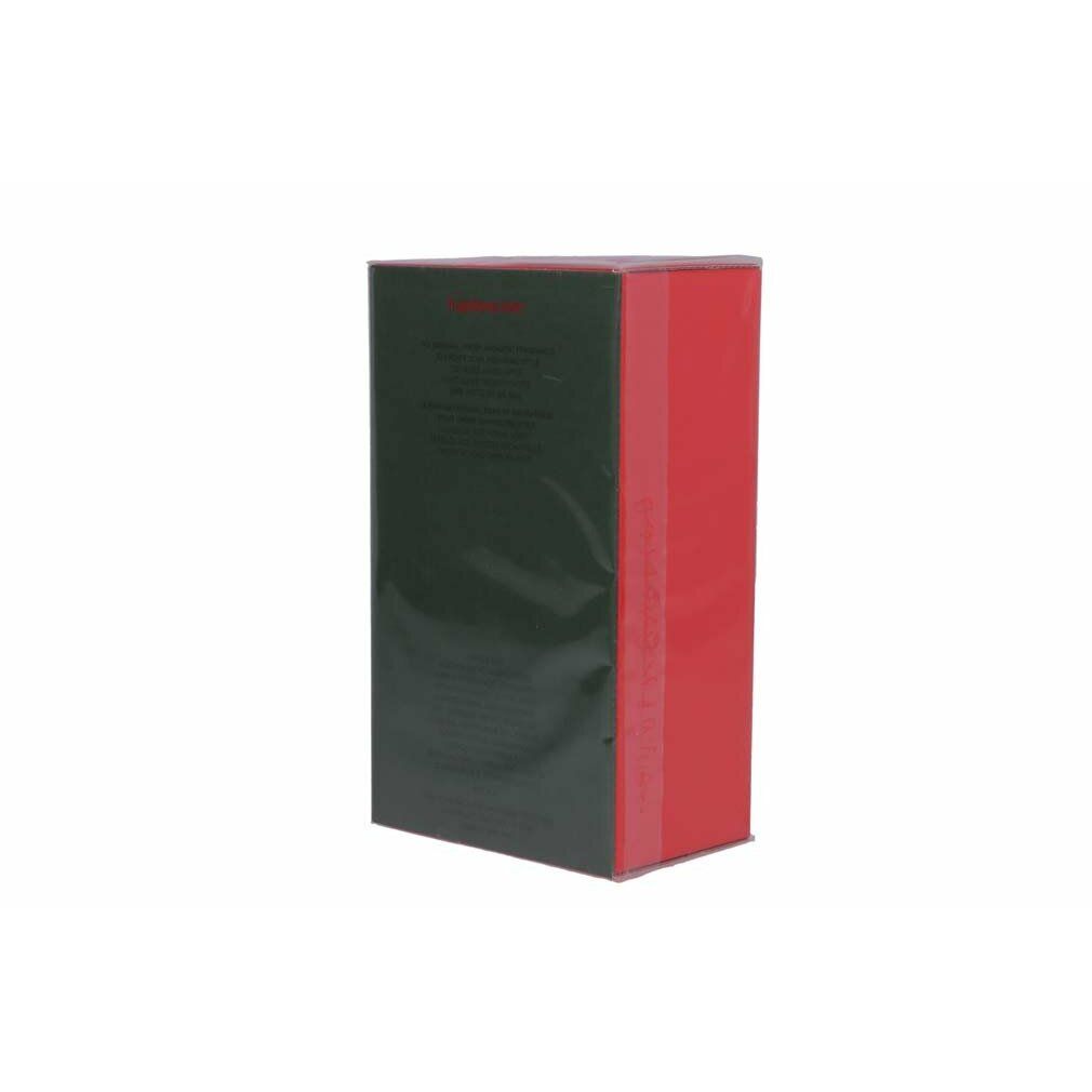 Emballage rectangulaire, rouge et vert foncé. Texte noir sur l'emballage.