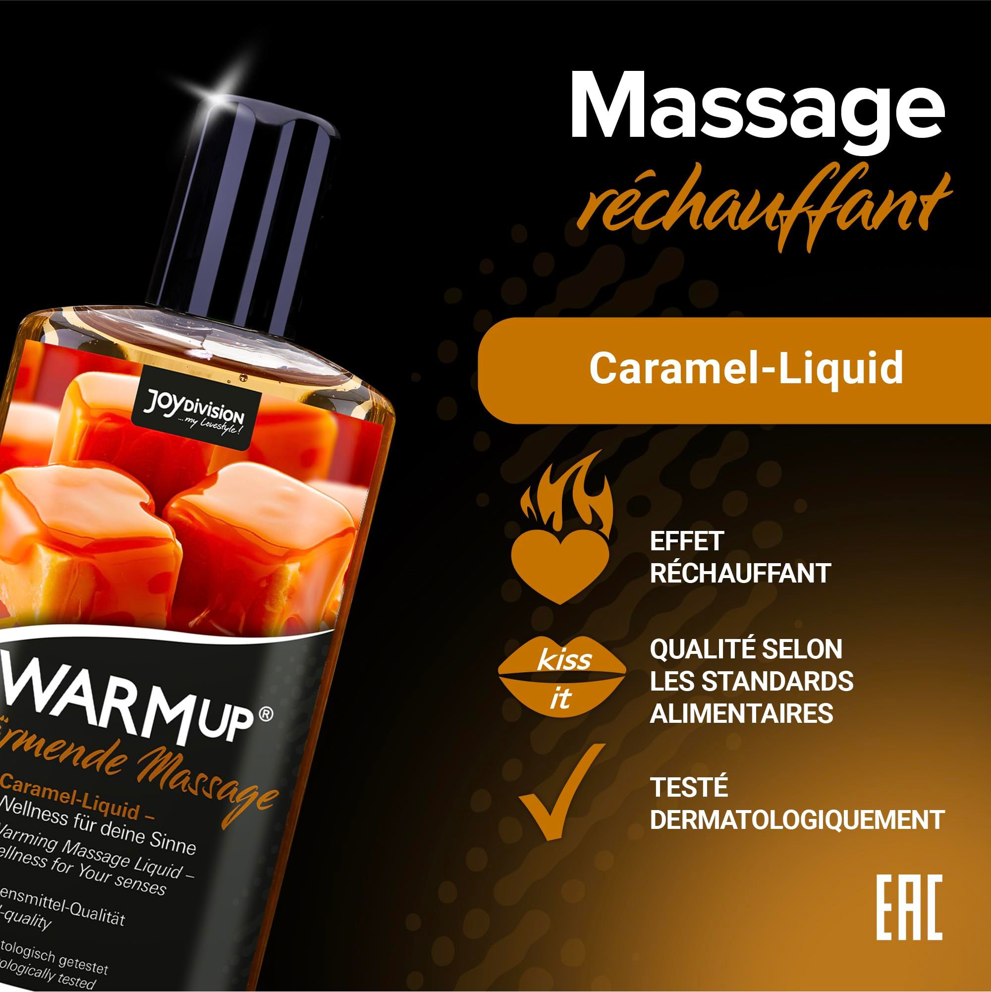 Bouteille d'huile de massage au caramel, avec image de morceaux de caramel et texte.