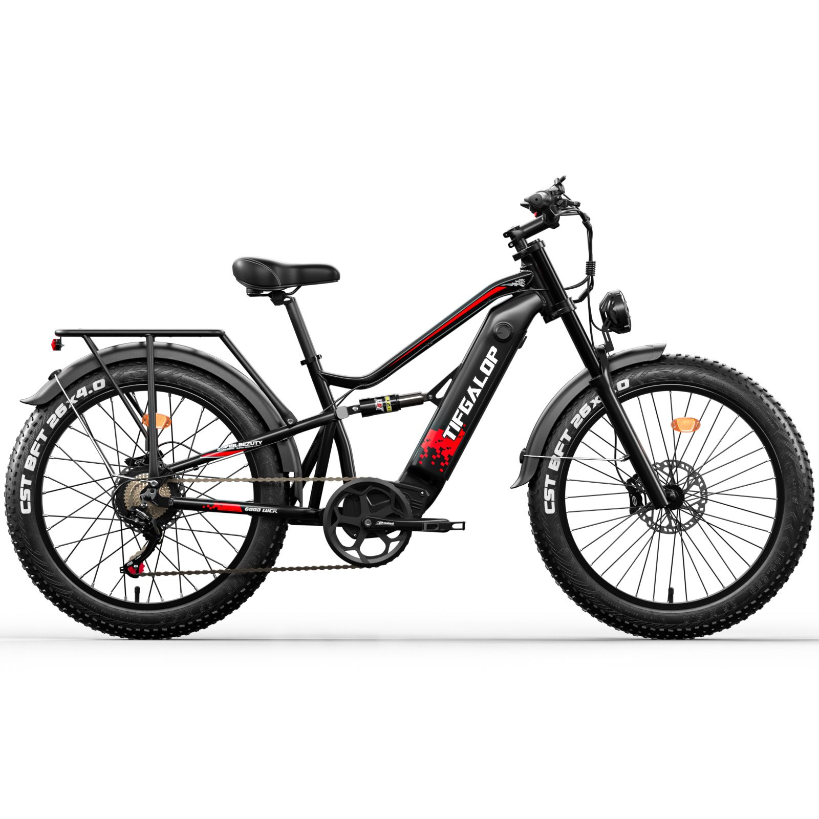 VTT électrique noir avec porte-bagages. Accents rouges, gros pneus, freins à disque et logo TIFGALOP.