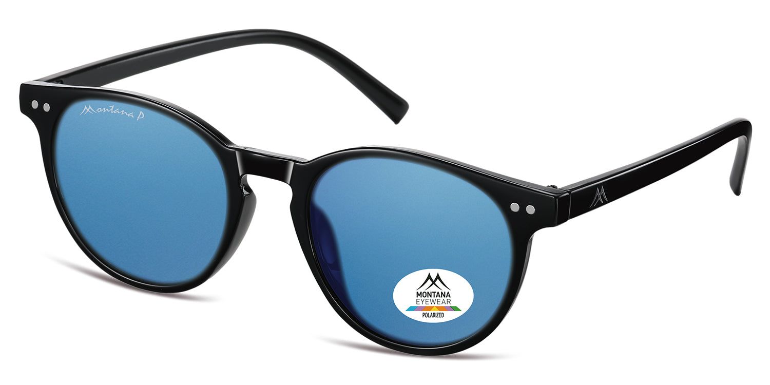 Lunettes de soleil noires avec verres bleus. Logo Montana Eyewear sur le verre. Forme ronde. Verres polarisés.