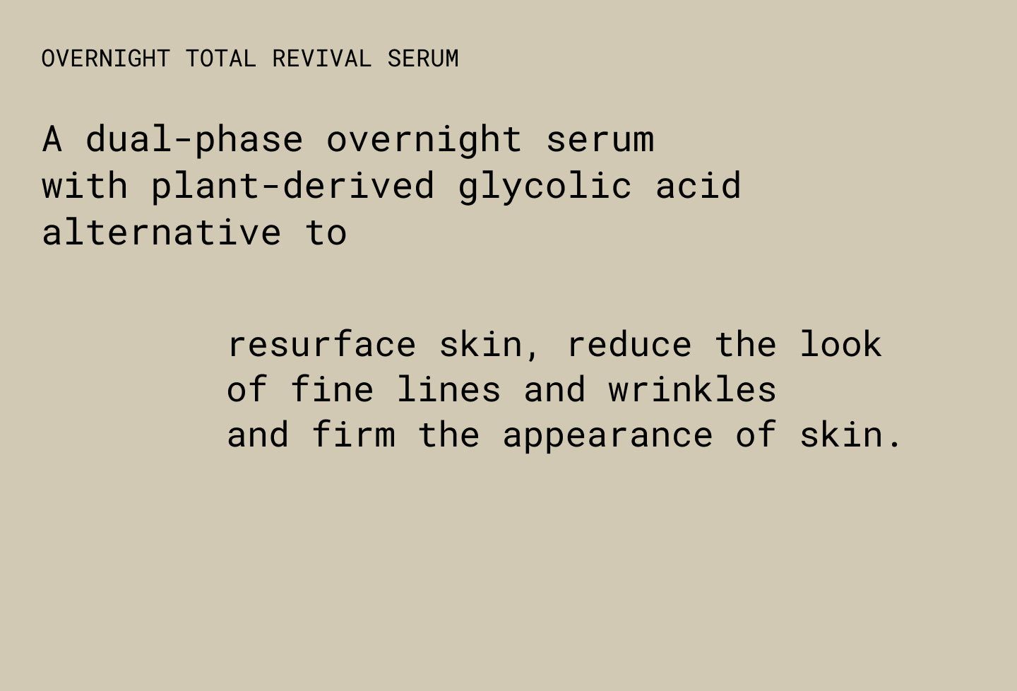 Texte sur fond beige. Décrit un sérum avec ingrédients et effets.