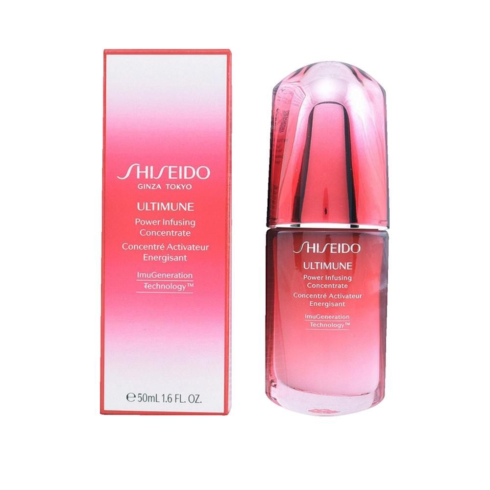 Sérum Shiseido Ultimune, flacon et emballage. Design rouge et blanc. Inscription: Ultimune Power Infusing Concentrate.