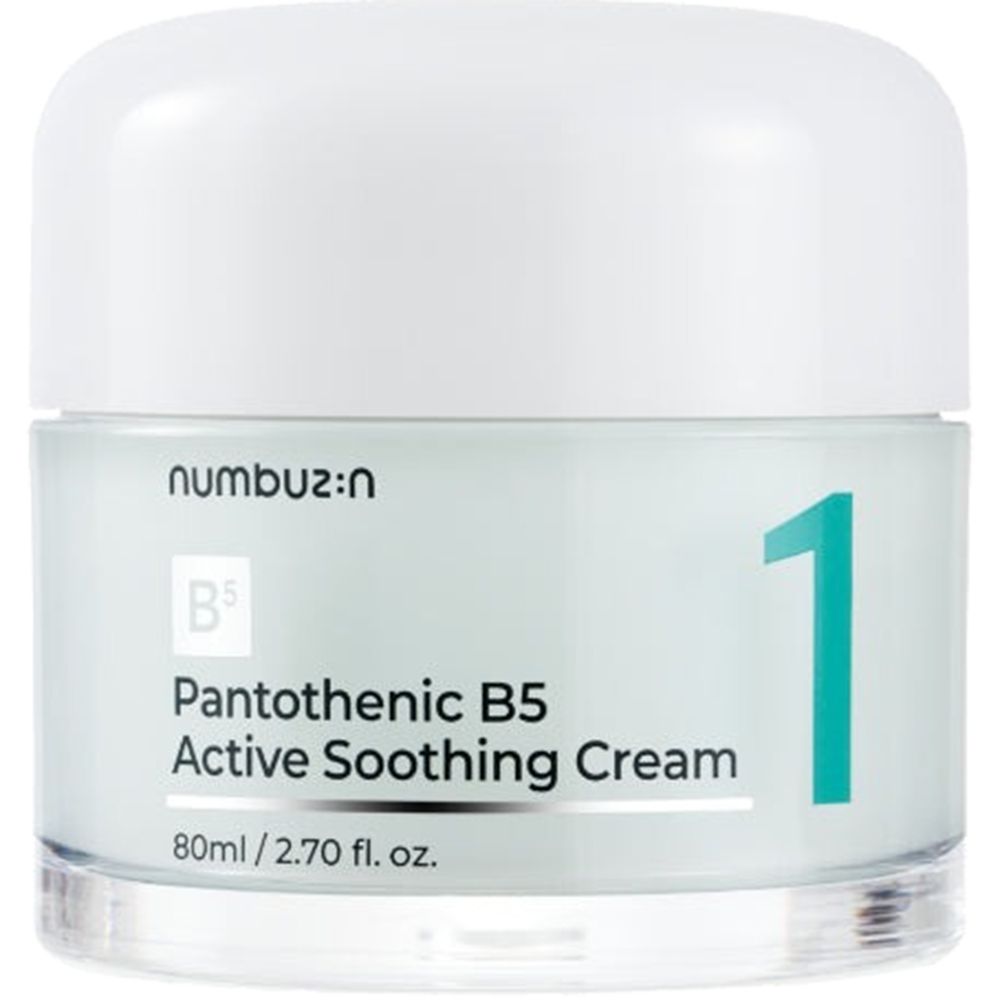 Pot de crème avec couvercle blanc. Inscription : numbu:zin, B5, Pantothenic B5 Active Soothing Cream, 80ml/2.70 fl. oz. Grand 1 vert.