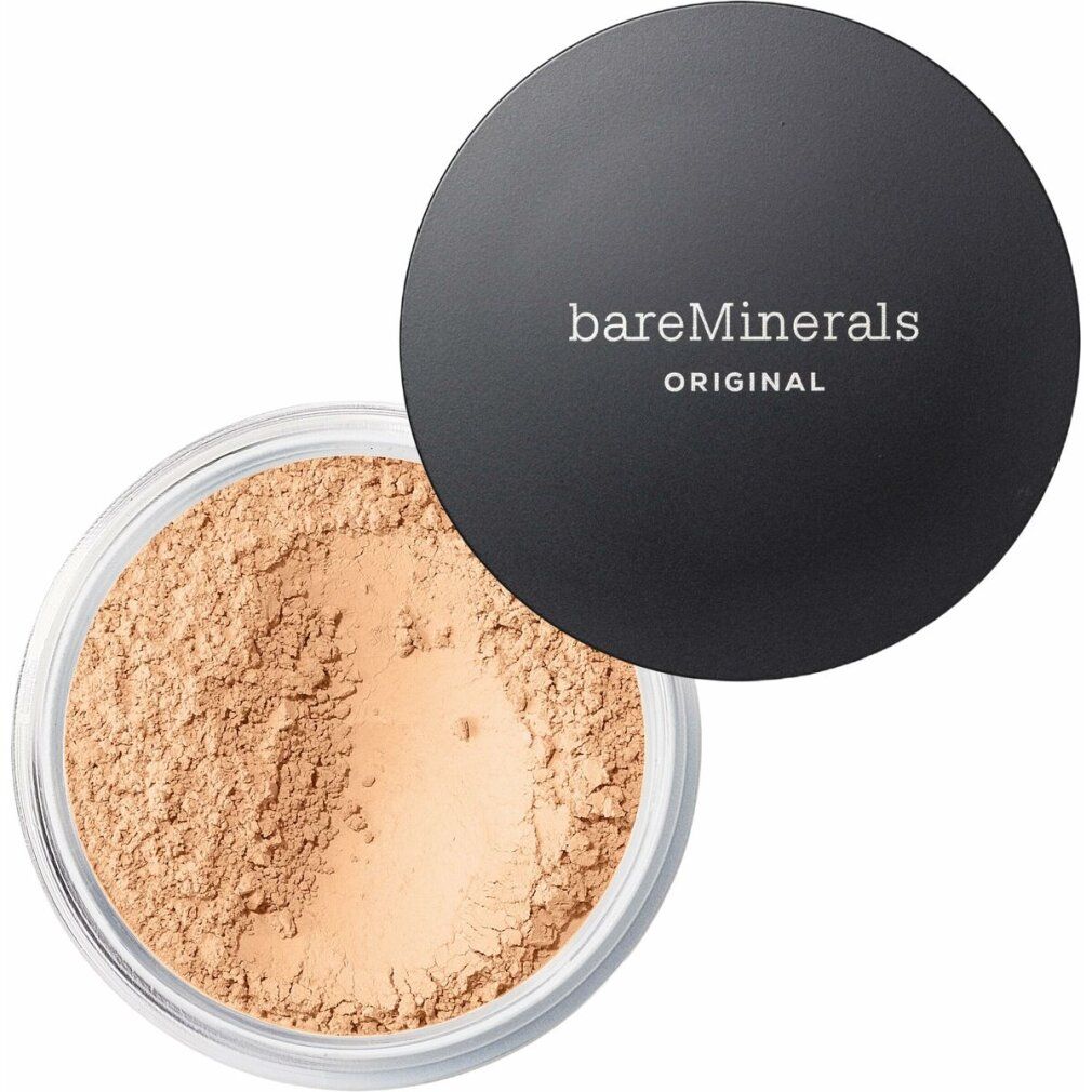Pot ouvert de poudre claire. Couvercle noir avec texte "bareMinerals ORIGINAL".