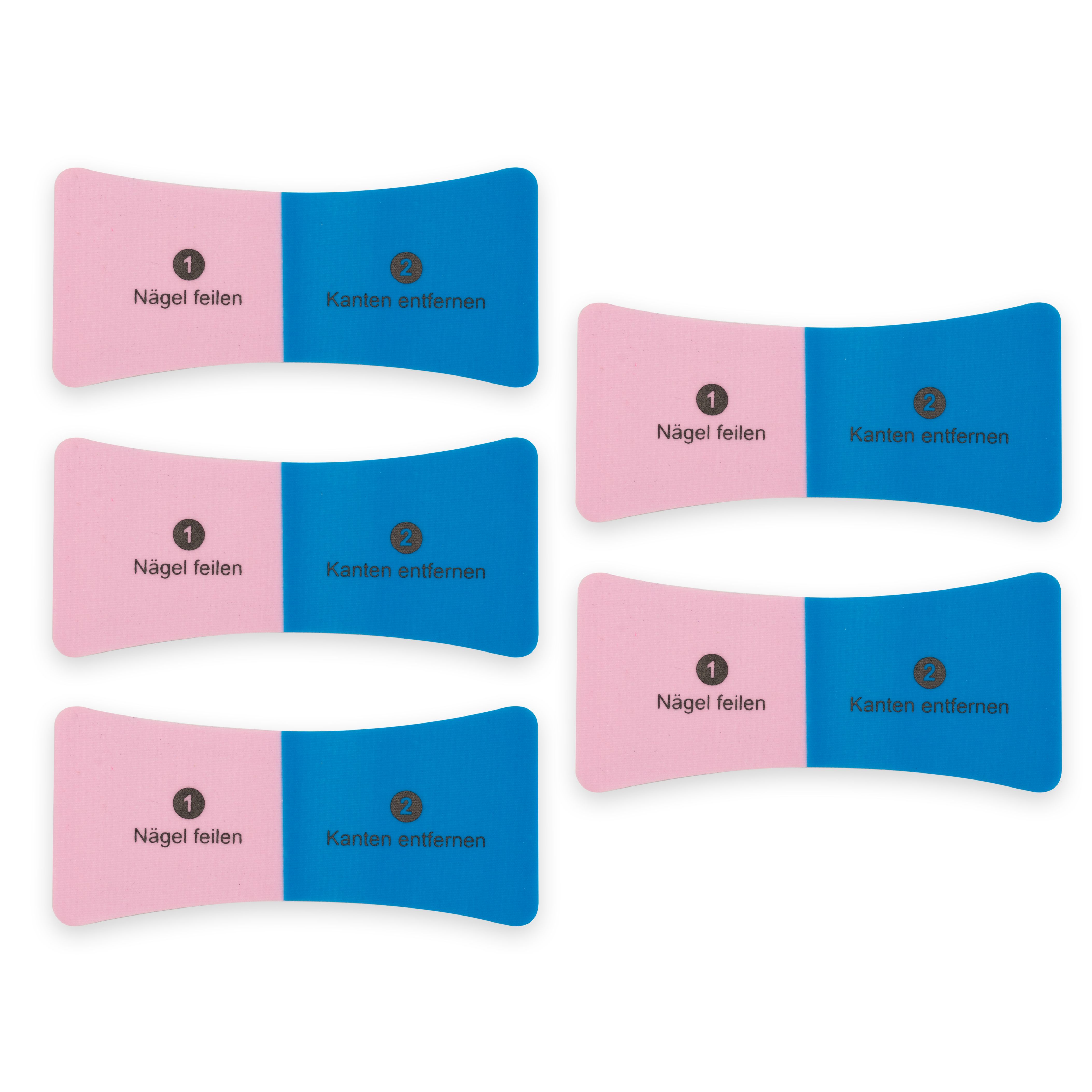 Vijf tweekleurige nagelvijlen roze/blauw met opschrift 'Nagel vijlen' en 'Randen verwijderen'.