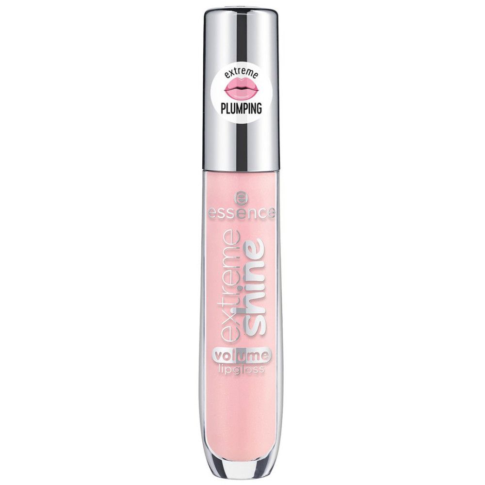 Lipgloss tube met zilveren dop. Roze inhoud. Opschrift: Extreme Shine, Volume Lipgloss. Sticker: Extreme Plumping.