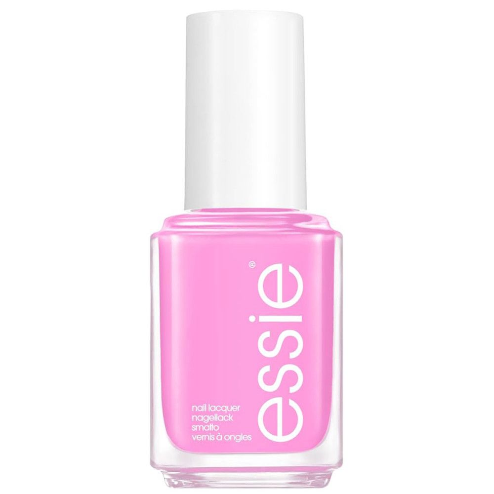 Nagellakfles, merk Essie. Roze nagellak. Witte dop. Opschrift 'nail lacquer' en 'vernis à ongles'.