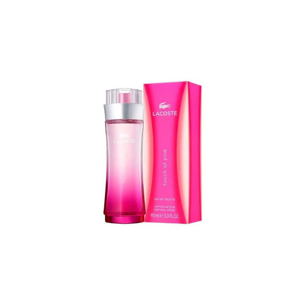 Flacon rose et emballage. Logo Lacoste et inscription "Touch of Pink". Eau de Toilette.