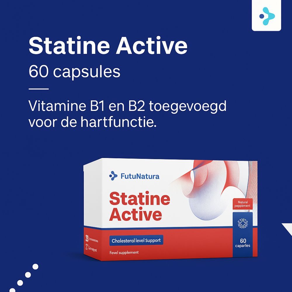 Reclamebeeld met FutuNatura Statine Active. 60 capsules. Met vitamine B1 en B2 voor de hartfunctie. Blauwe achtergrond.