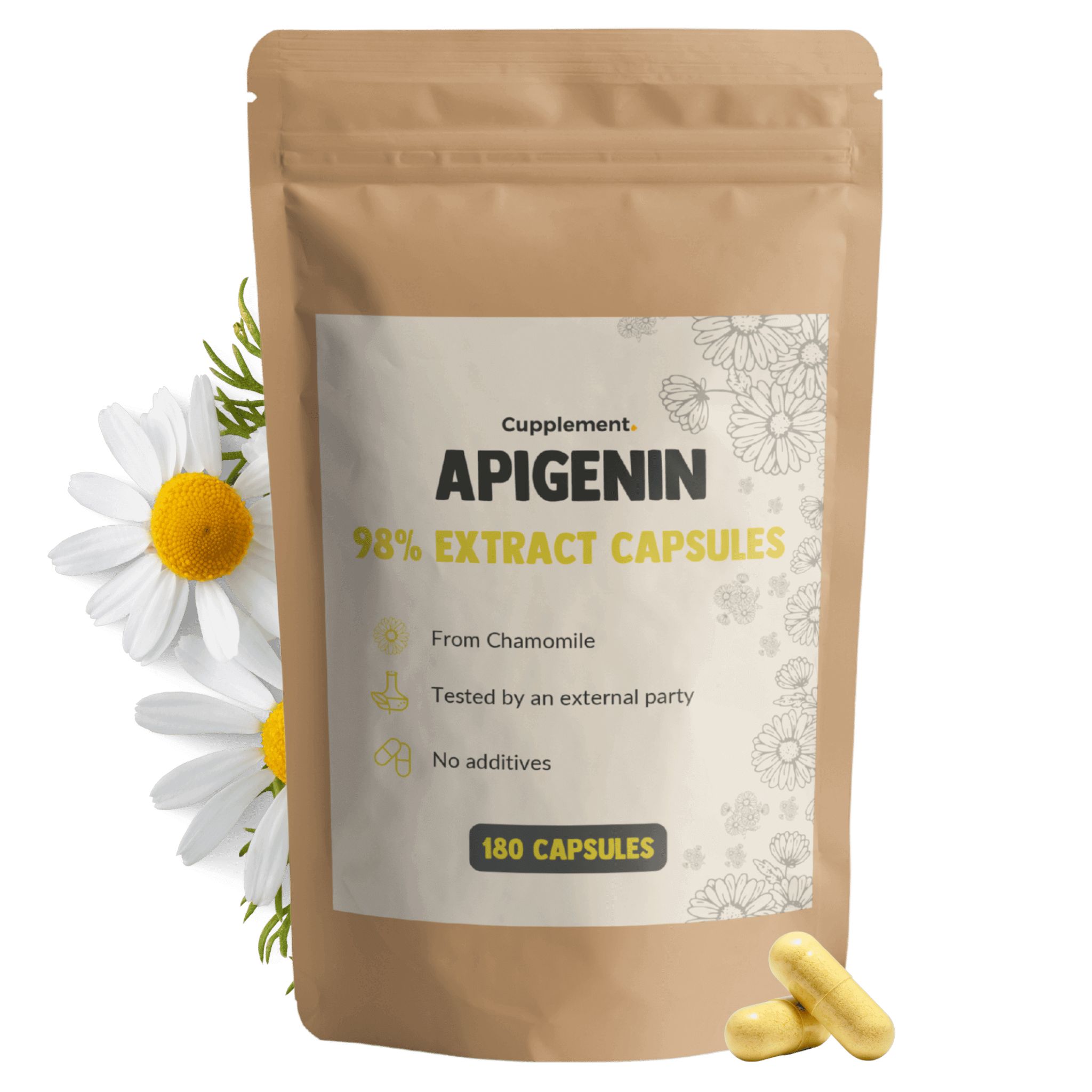 Sachet de gélules. Inscription : Apigenin 98% Extract Capsules. 180 gélules. Fleurs de camomille.