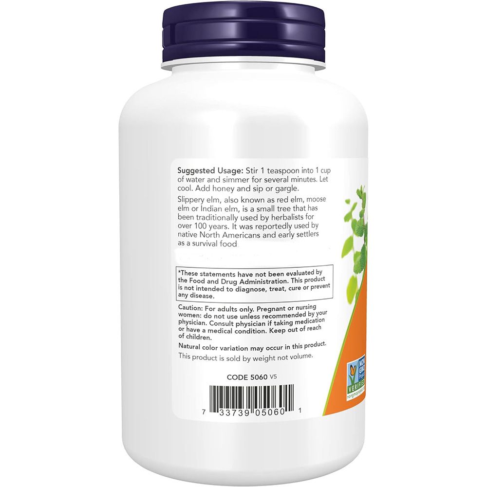 Arrière d'un récipient de poudre d'orme rouge Now Foods, avec des instructions d'utilisation et des informations sur le produit.