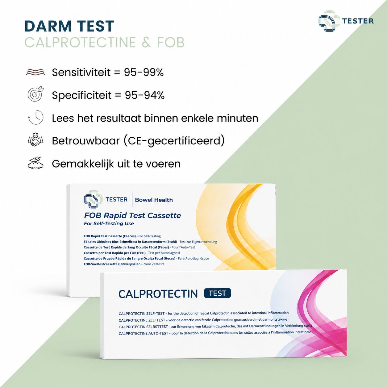 Darm Test Calprotectine & FOB: Gevoeligheid 95-99%, Specificiteit 95-94%. Bevat FOB Rapid Test Cassette.