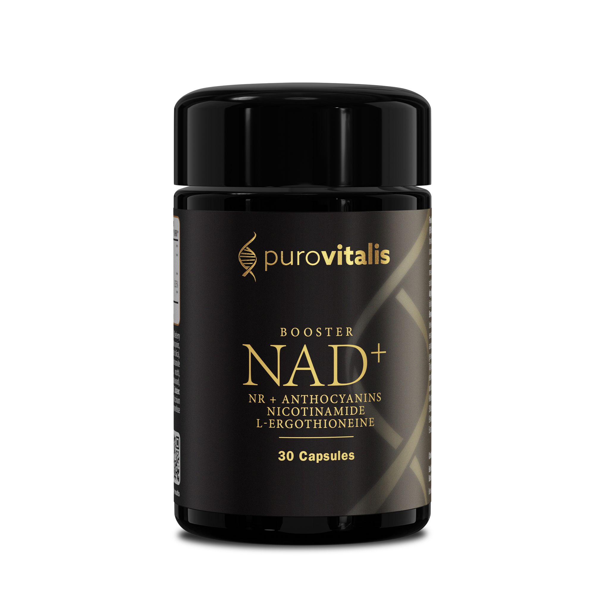 Zwarte fles met "purovitalis" logo en "NAD+" tekst. Bevat 30 capsules. Tekst: NR + Anthocyanen, Nicotinamide, L-Ergothioneine.
