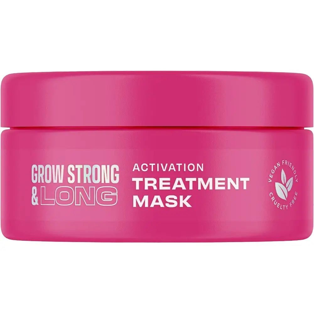 Roze pot met opschrift 'Grow Strong & Long Activation Treatment Mask' en Vegan Friendly keurmerk.