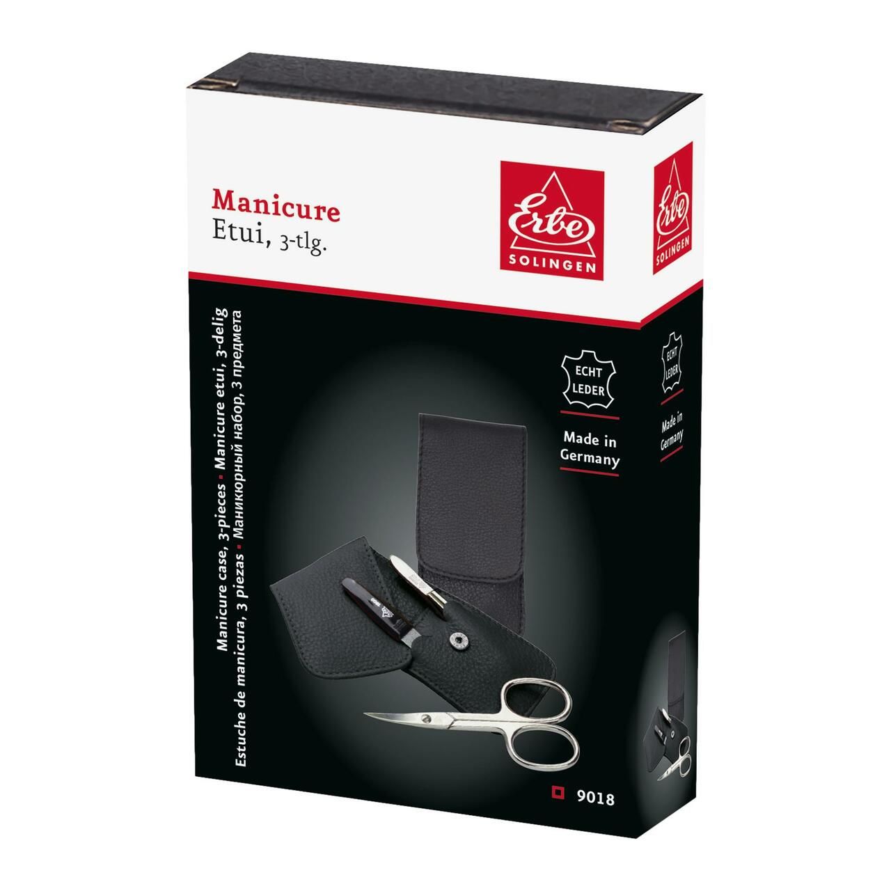Verpakking van een 3-delige manicure set van Erbe Solingen, echt leer, Made in Germany.