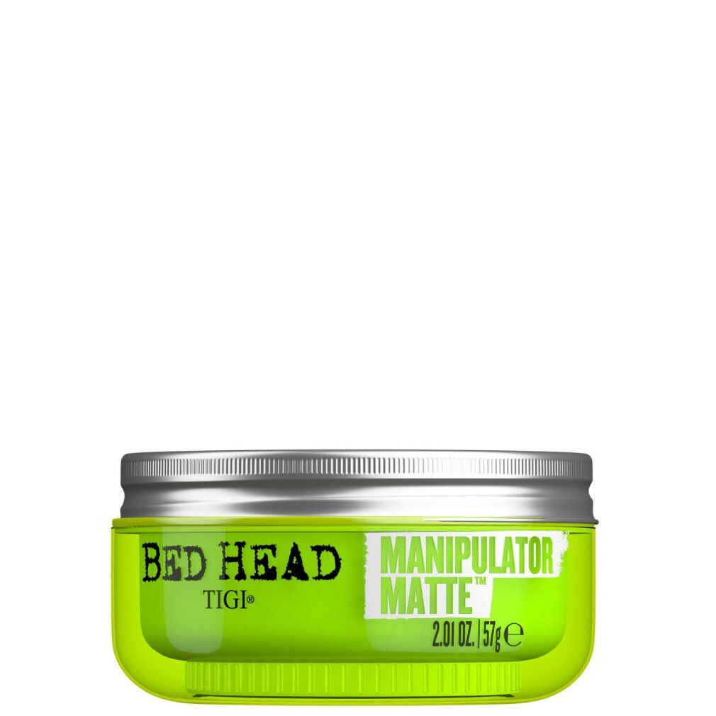 Groene pot met zilveren deksel. Opschrift: BED HEAD, MANIPULATOR MATTE, TIGI. Inhoud: 2.01 OZ. / 57g.