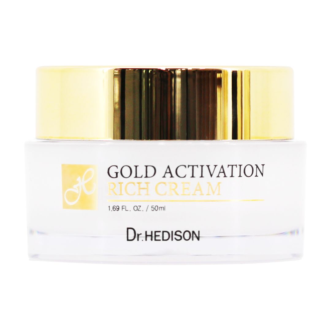 Pot de crème avec couvercle doré. Inscription : Gold Activation Rich Cream, 1.69 fl. oz./50ml, Dr. HEDISON.