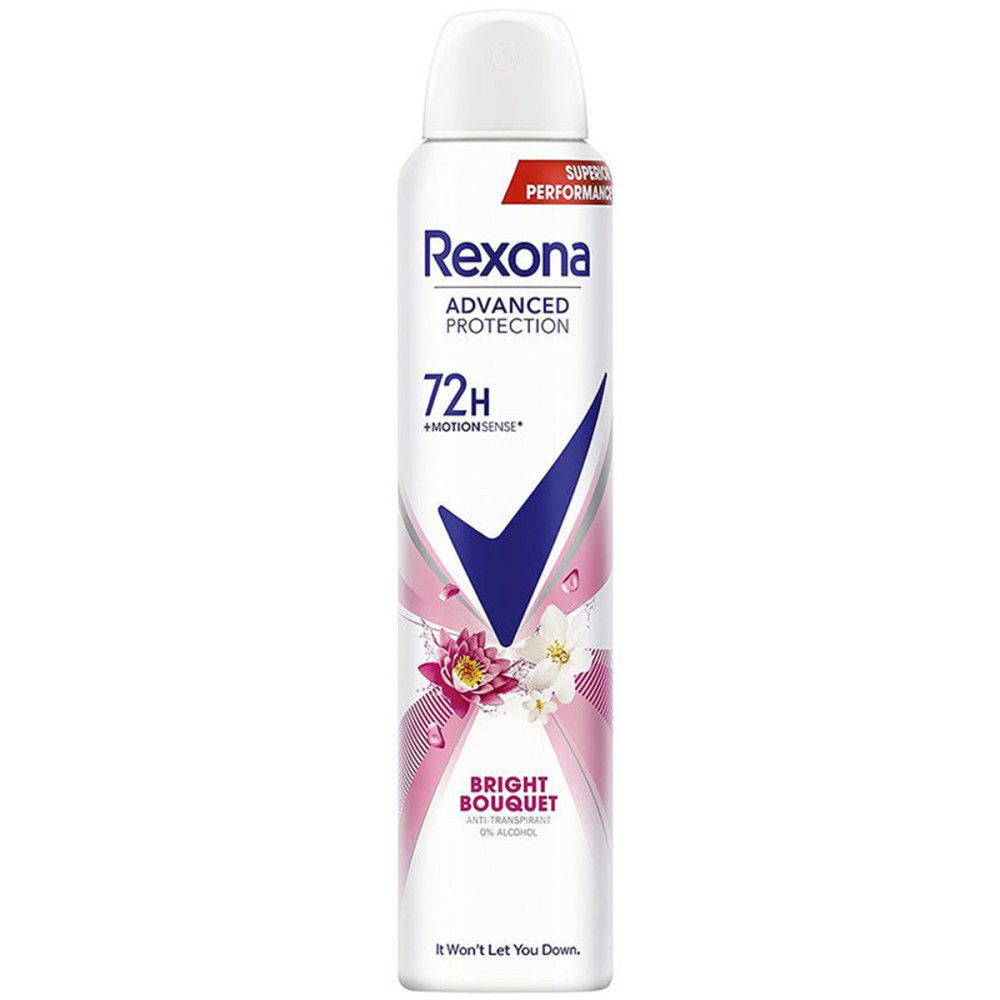 Spray déodorant Rexona. Flacon blanc avec motif floral. Nom du produit et caractéristiques imprimés sur le flacon.