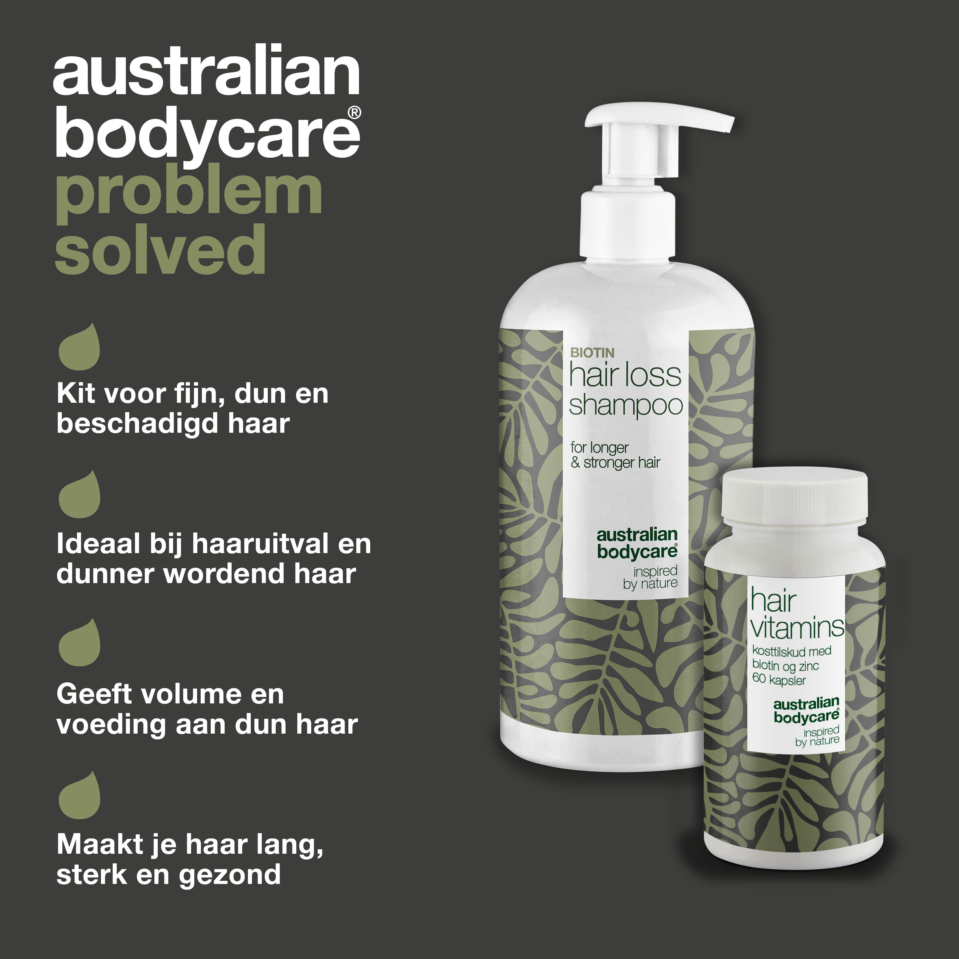 Haaruitval oplossing. Shampoo- en vitamineflessen. Tekst: Hair Loss Shampoo, Hair Vitamins. Merk: Australian Bodycare.